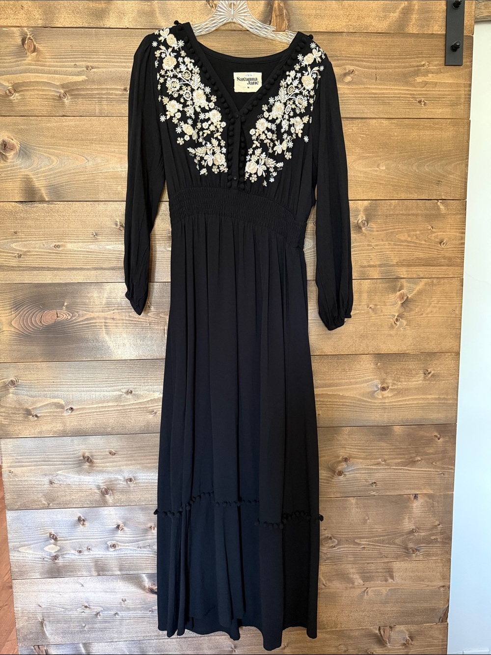 Savanna Jane Black Maxi Dress with White & Cream Floral Embroidery